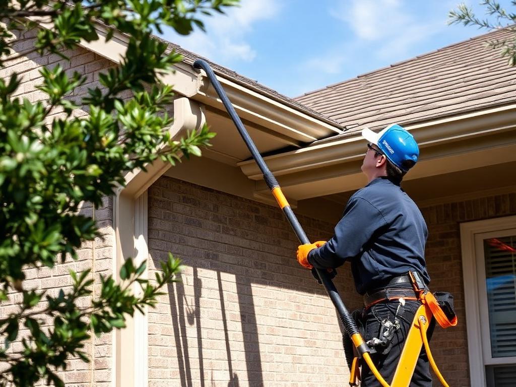 Technician clearing residential gutters with a high-reach vacuum system in Austin