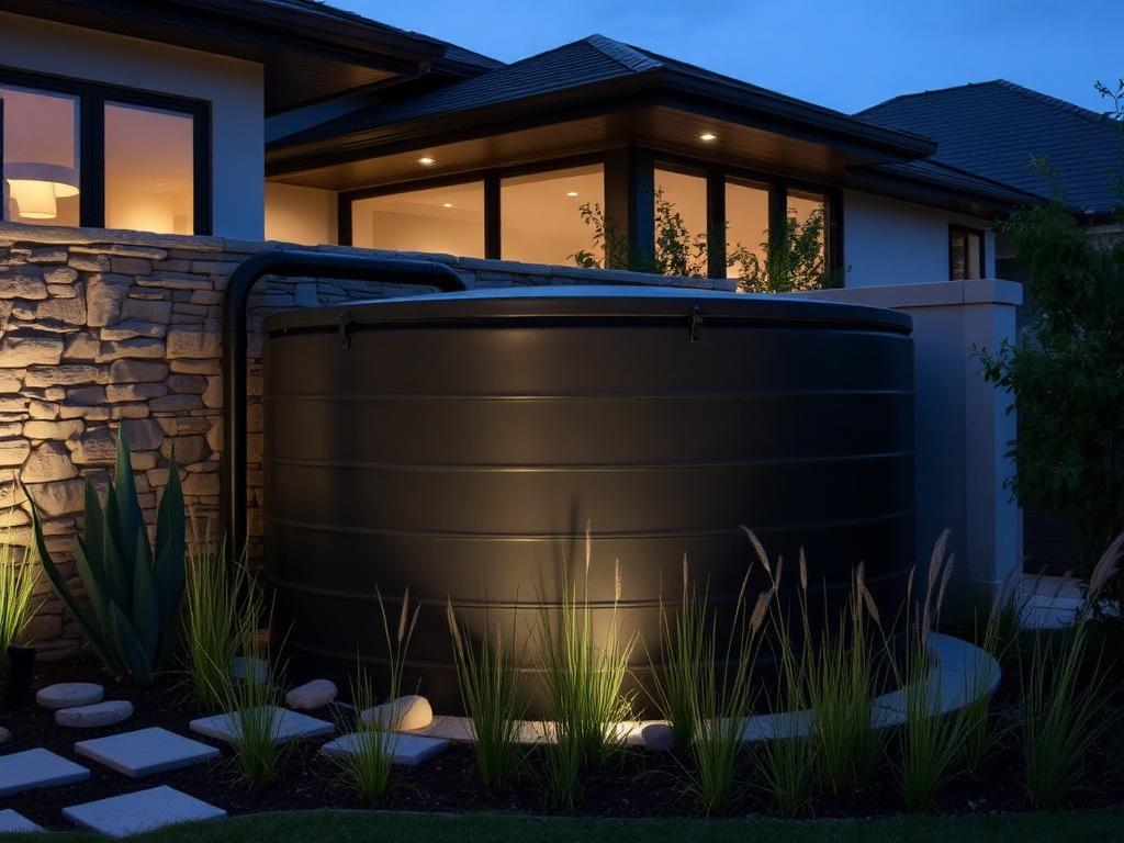 Dark graphite rainwater harvesting tank integrated into modern Austin landscaping