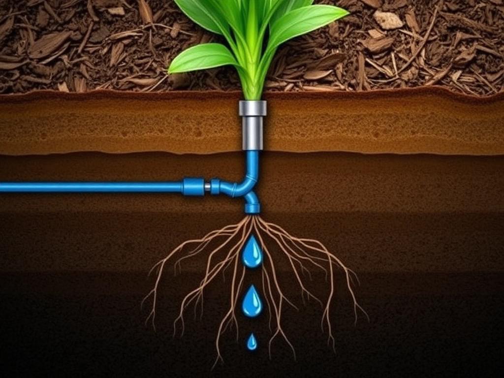Cross-section of a subsurface drip line watering native plant roots beneath mulch