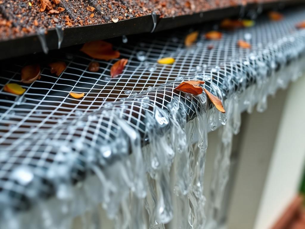 Micro-mesh gutter guard rejecting tree debris while capturing heavy rainwater flow